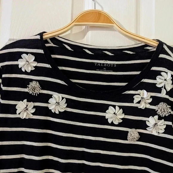 Talbots Women's XL Striped T-Shirt with Floral Embellishments - Picture 3 of 5
